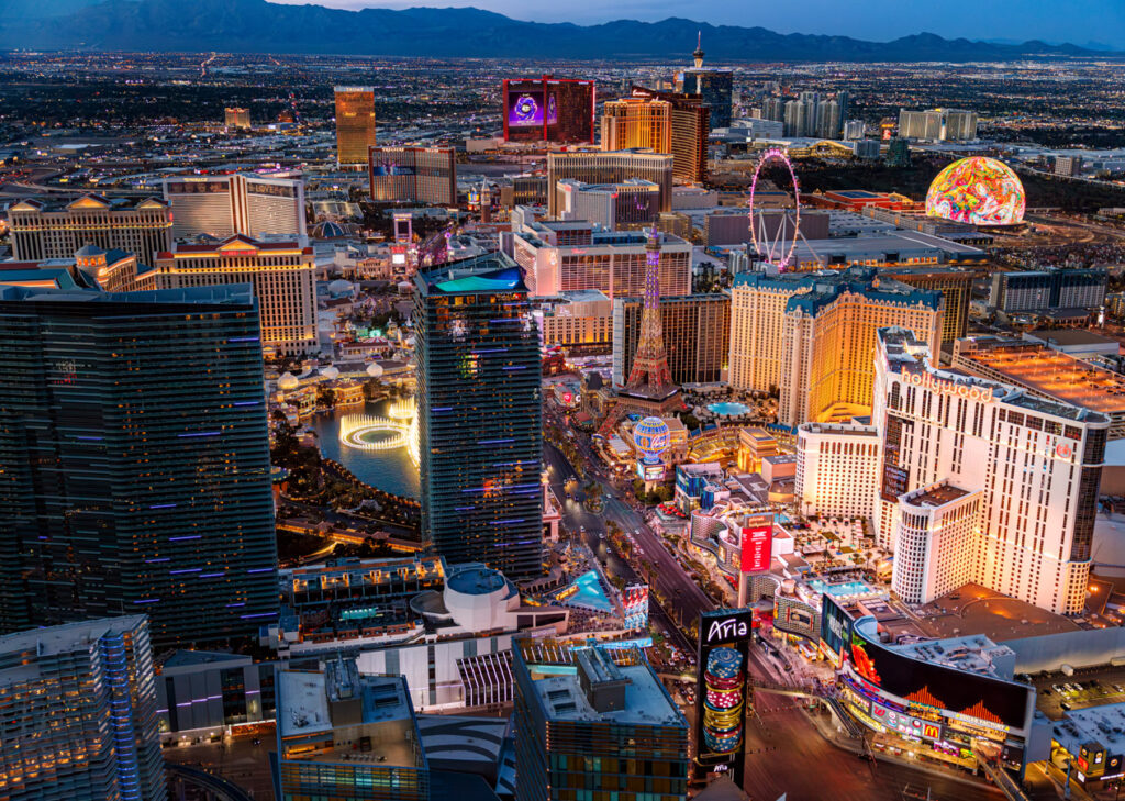 Aerial view of the Las Vegas Strip featuring Miracle Mile Shops at Planet Hollywood.