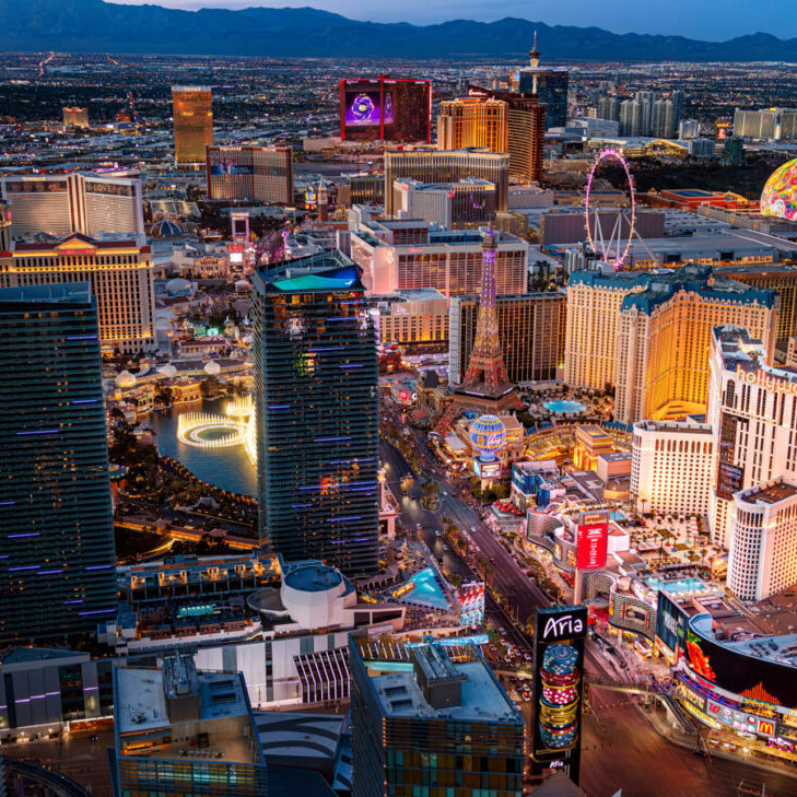 Aerial view of the Las Vegas Strip featuring Miracle Mile Shops at Planet Hollywood.